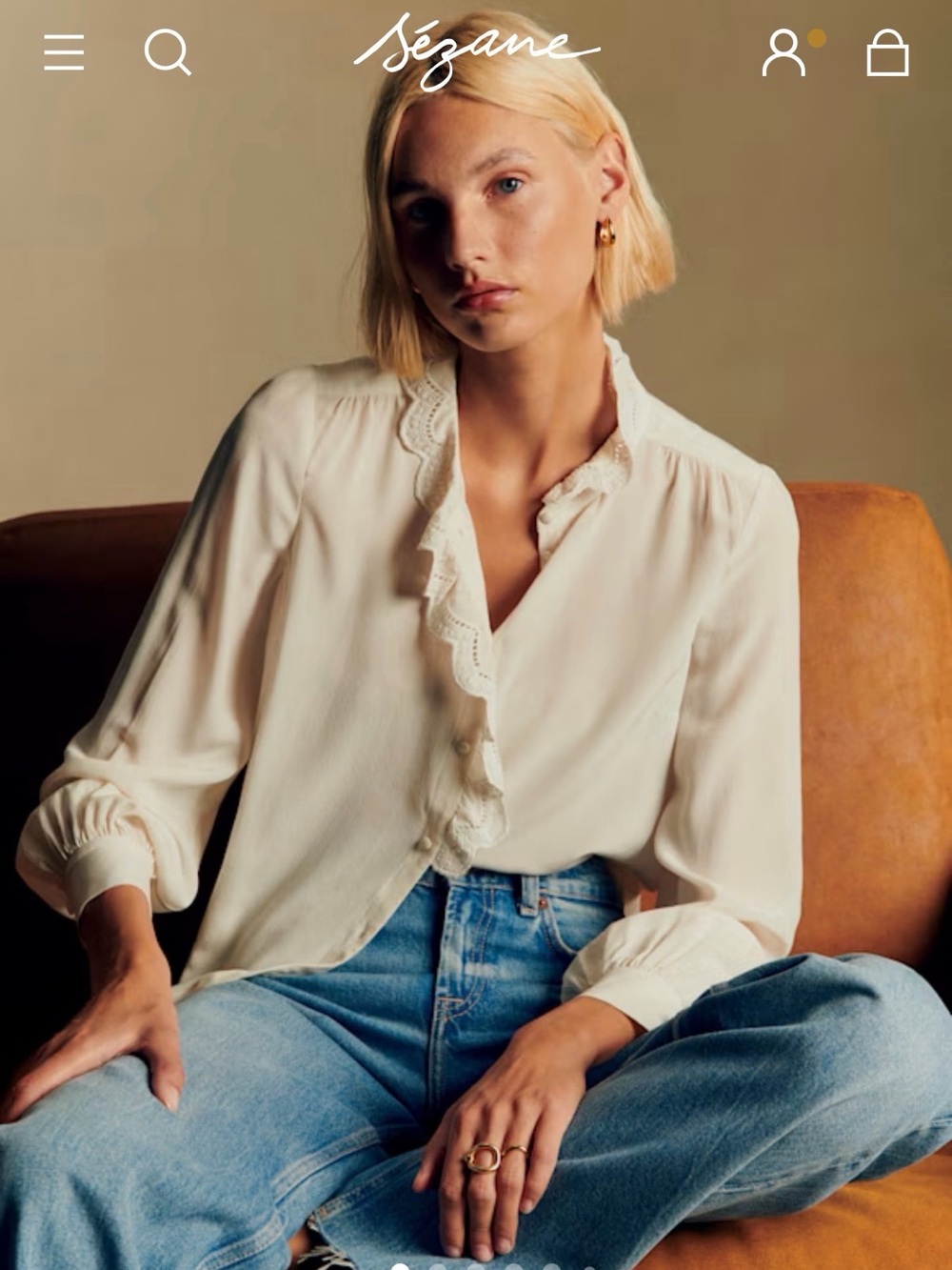 Sezane Chlo Ecru Silk Lace-Trim Blouse- size 36